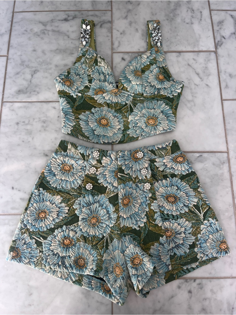 Zara Green Floral Embroidered Crop Top & High-Waist Shorts Set